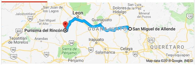Purísima del Rincón is located 90 miles west of SMA (Google)