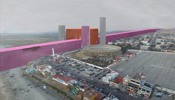 pink border wall in Tijuana