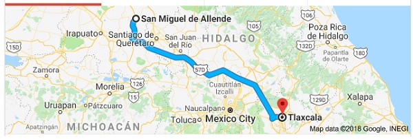 Tlaxcala is 395 kilometers (245 miles) southeast from San MIguel 